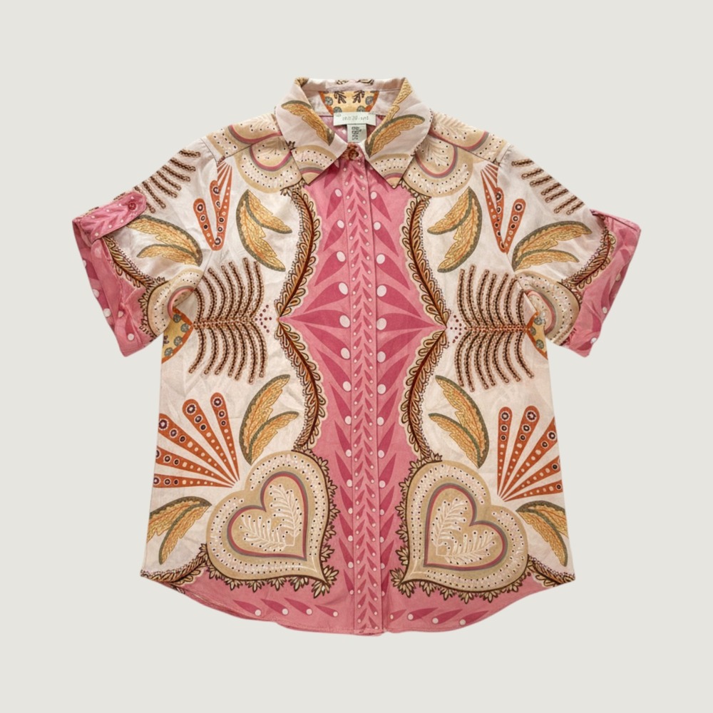 Rachel Zoe Pink Paisley Heart Print Short Sleeve Button Down Shirt XS NWOT